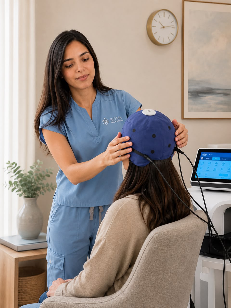 Doctora aplicando terapia de neuroestimulación a una paciente